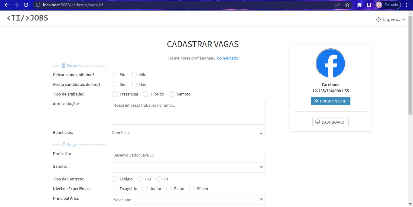 TI Jobs - Cadastrar vaga